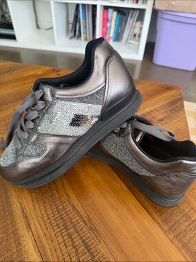 Hogan Gunmetal Gray Sequin Lace-Up Sneakers